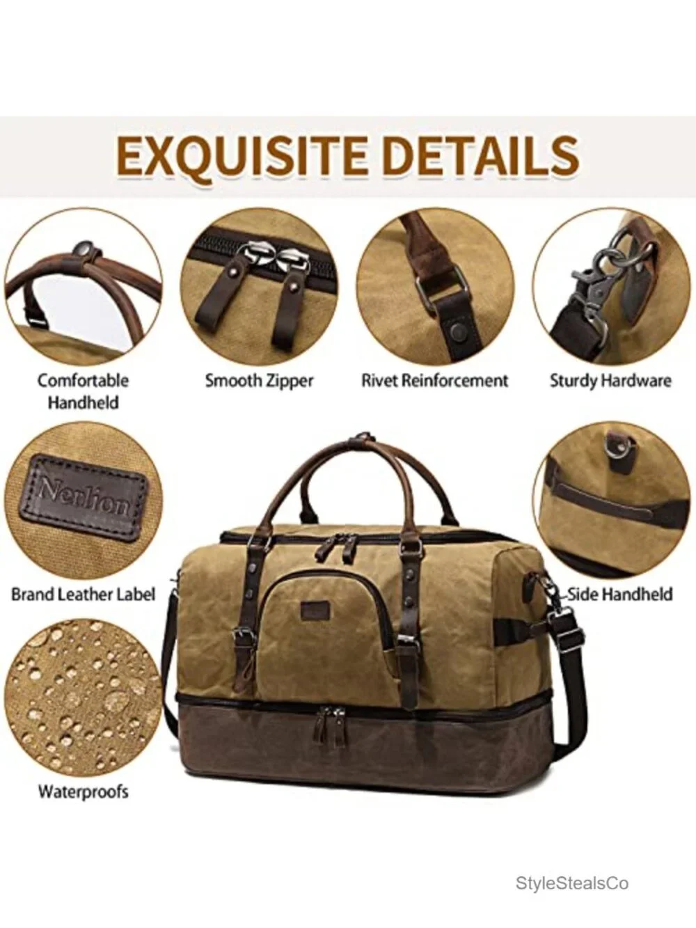 Weekender Bag with Shoe Compartment Canvas Genuine Leather Travel Duffel
